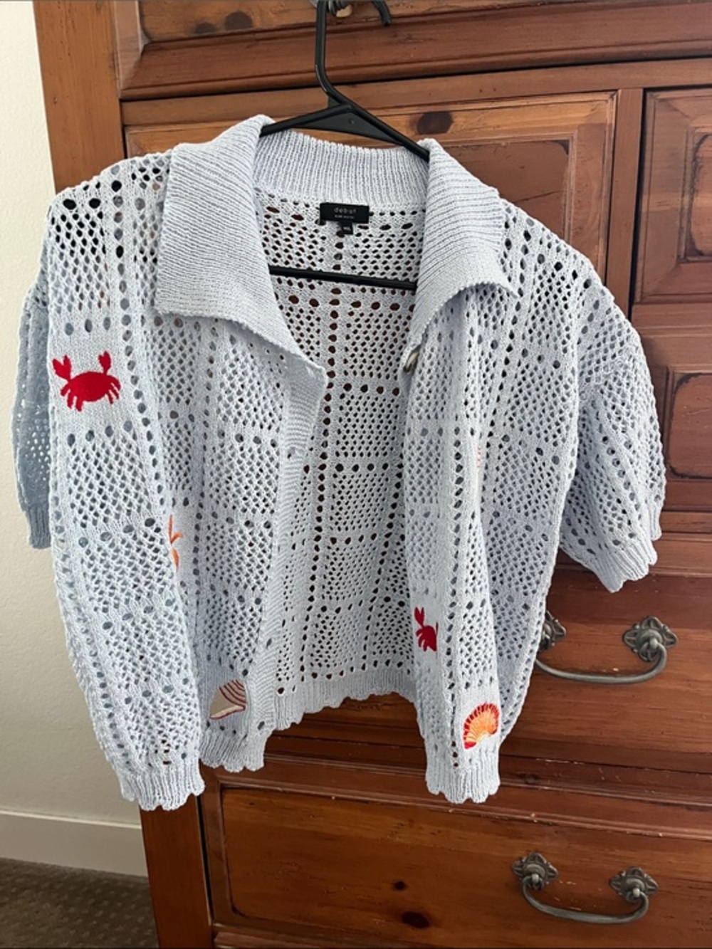 debut Pale Blue Open-Knit Collared Cardigan with Embroidered Sea Icons NWOT